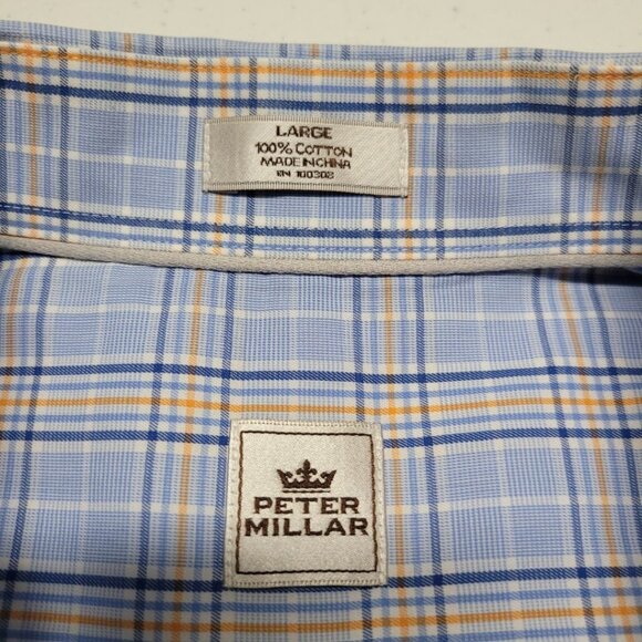 Peter Millar Collared Button Down Shirt Cotton Mens Larhe Baby Blue Plaid Formal - Picture 4 of 8